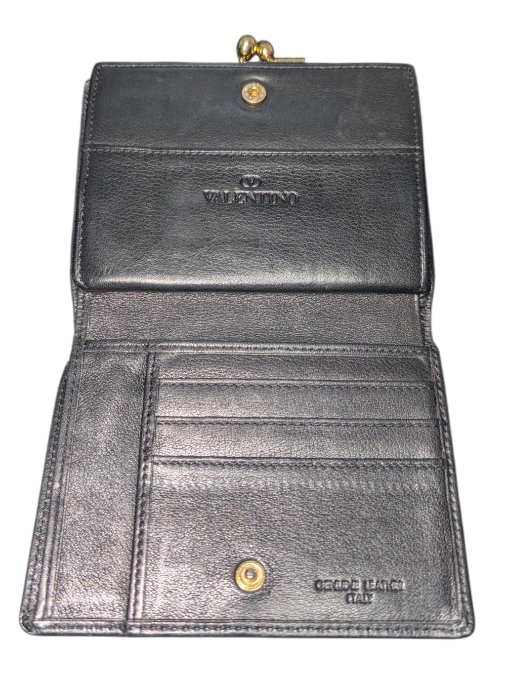 Valentino Garavani Black Calf Skin Leather Kiss Lock Compact Wallet - Picture 5 of 8